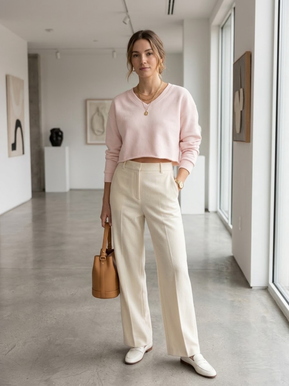 Zara V-Neck Cropped Sweatshirt — Pink
